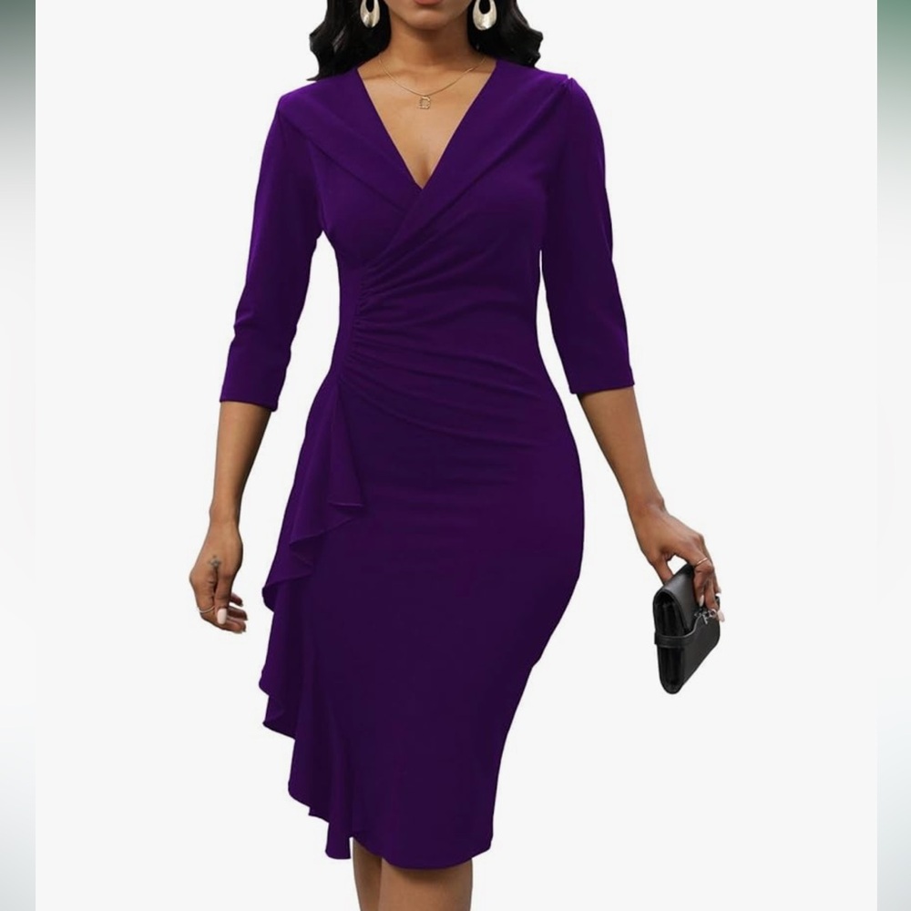 V Neck 3/4 sleeve wrapped ruffle ruched midi cocktail dress